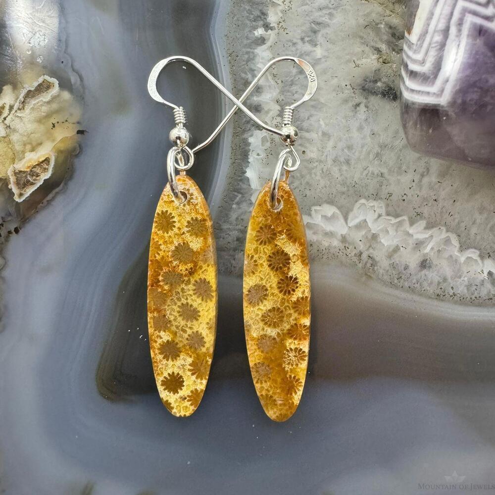 Sterling Silver Elongated Oval Fossilized Jasper Slab Dangle Earrings #210